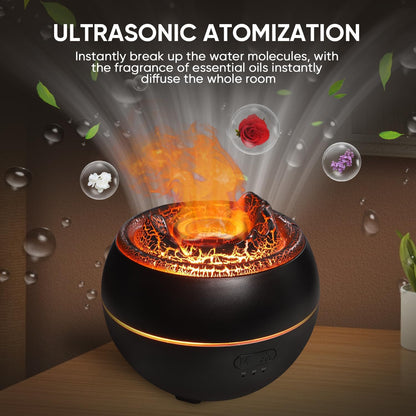 Volcano Fire Flame Essential Oil Diffuser - Ultrasonic Cool Mist Humidifier with 7 Color Lights, Timer & Auto Shut-Off (360ml, Black)