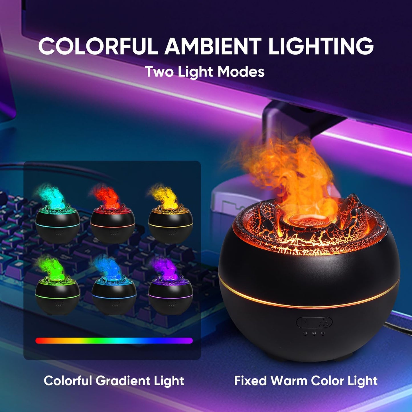 Volcano Fire Flame Essential Oil Diffuser - Ultrasonic Cool Mist Humidifier with 7 Color Lights, Timer & Auto Shut-Off (360ml, Black)