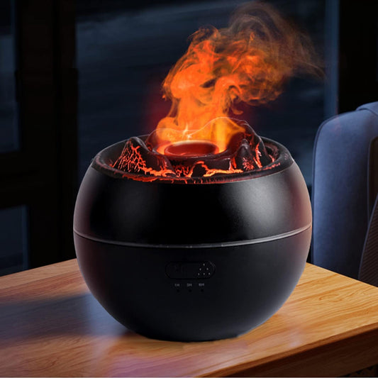 Volcano Fire Flame Essential Oil Diffuser - Ultrasonic Cool Mist Humidifier with 7 Color Lights, Timer & Auto Shut-Off (360ml, Black)