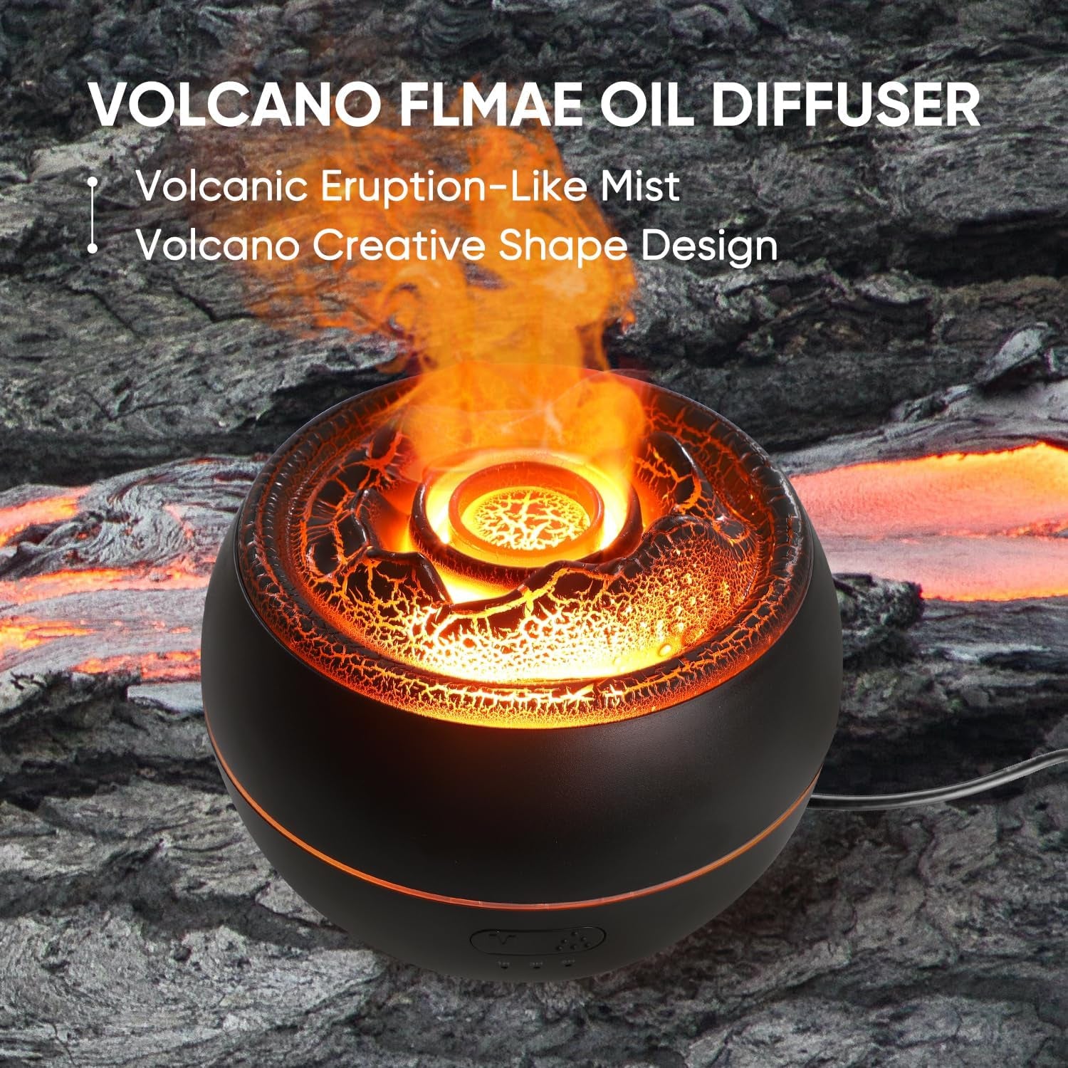 Volcano Fire Flame Essential Oil Diffuser - Ultrasonic Cool Mist Humidifier with 7 Color Lights, Timer & Auto Shut-Off (360ml, Black)