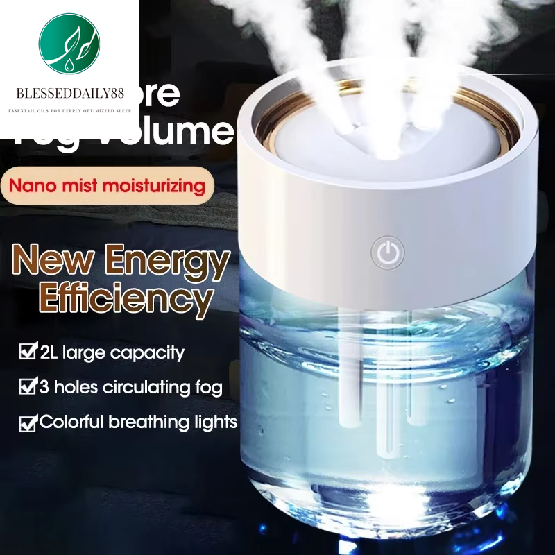 2L Ultrasonic Humidifier & Essential Oil Diffuser with 3 Nozzles and LED Light - Powerful Fog Air Purifier