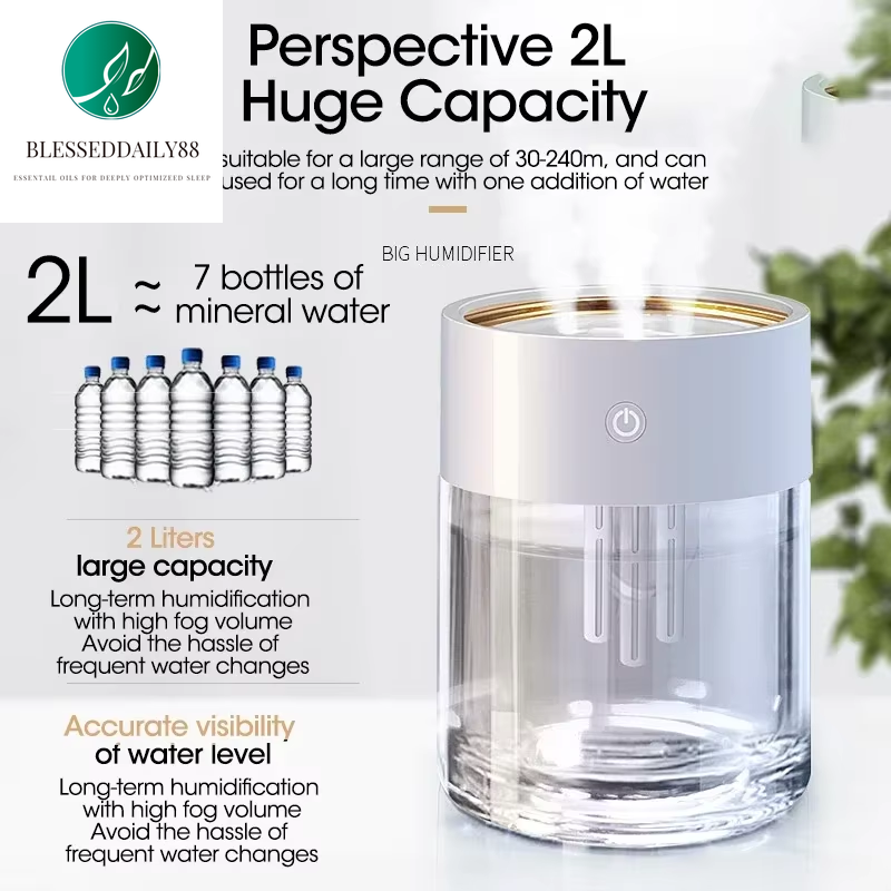 2L Ultrasonic Humidifier & Essential Oil Diffuser with 3 Nozzles and LED Light - Powerful Fog Air Purifier